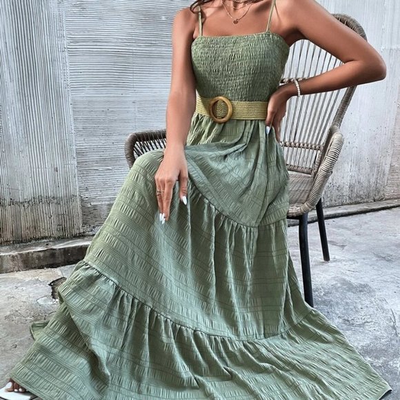 GREEN BOHO Shirred Ruffle Hem Cami Dress - Picture 2 of 7